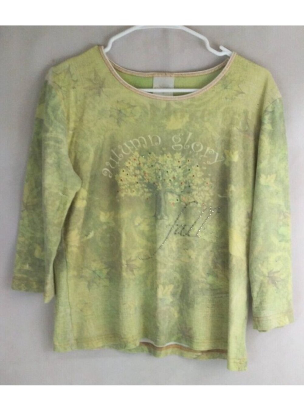 Studio Collection Women's Greenish Yellow Autumn Glory Fall Beaded Shirt Large